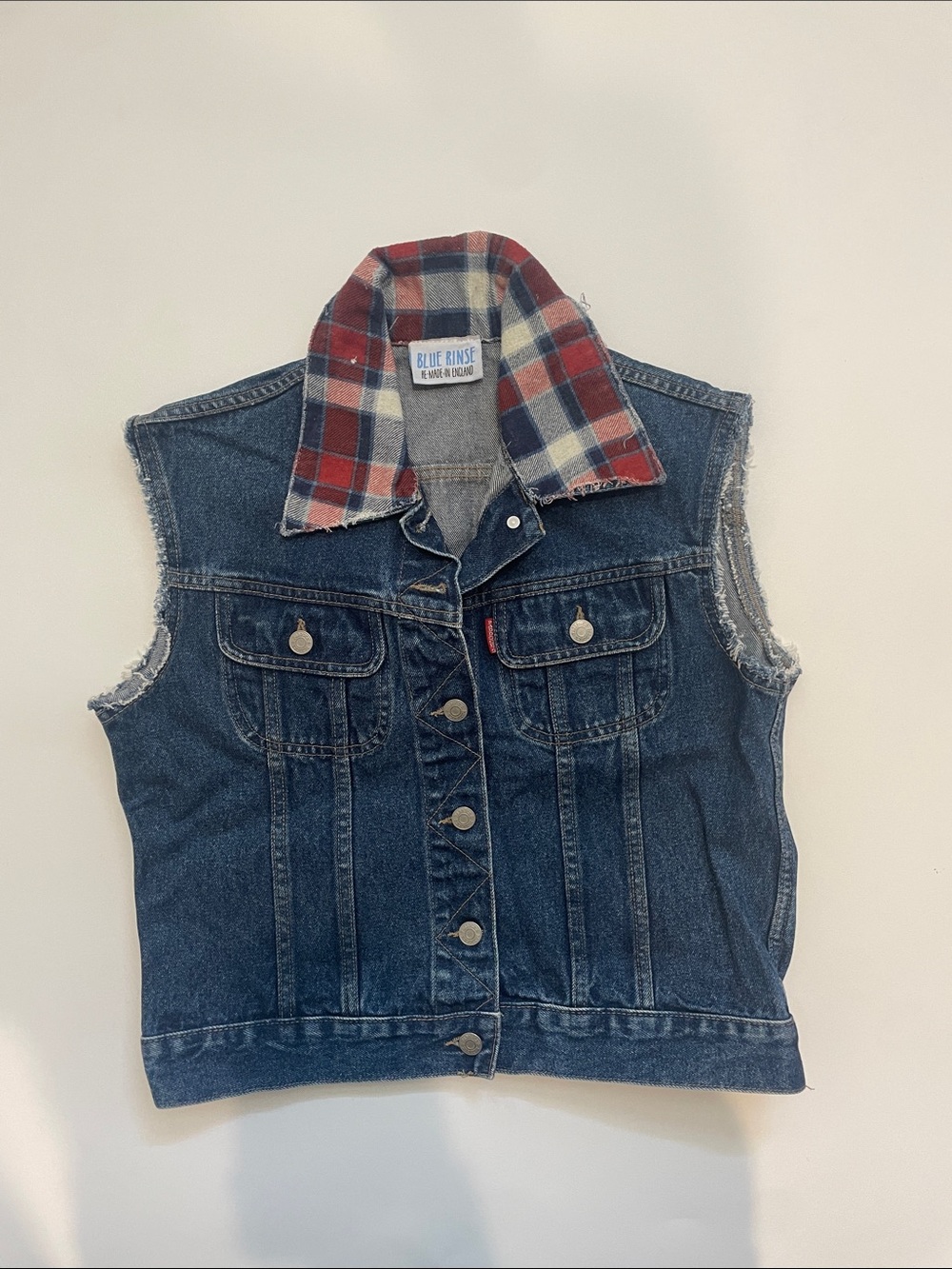 Blue Rinse Denim Vest with Red Plaid Collar - Women's